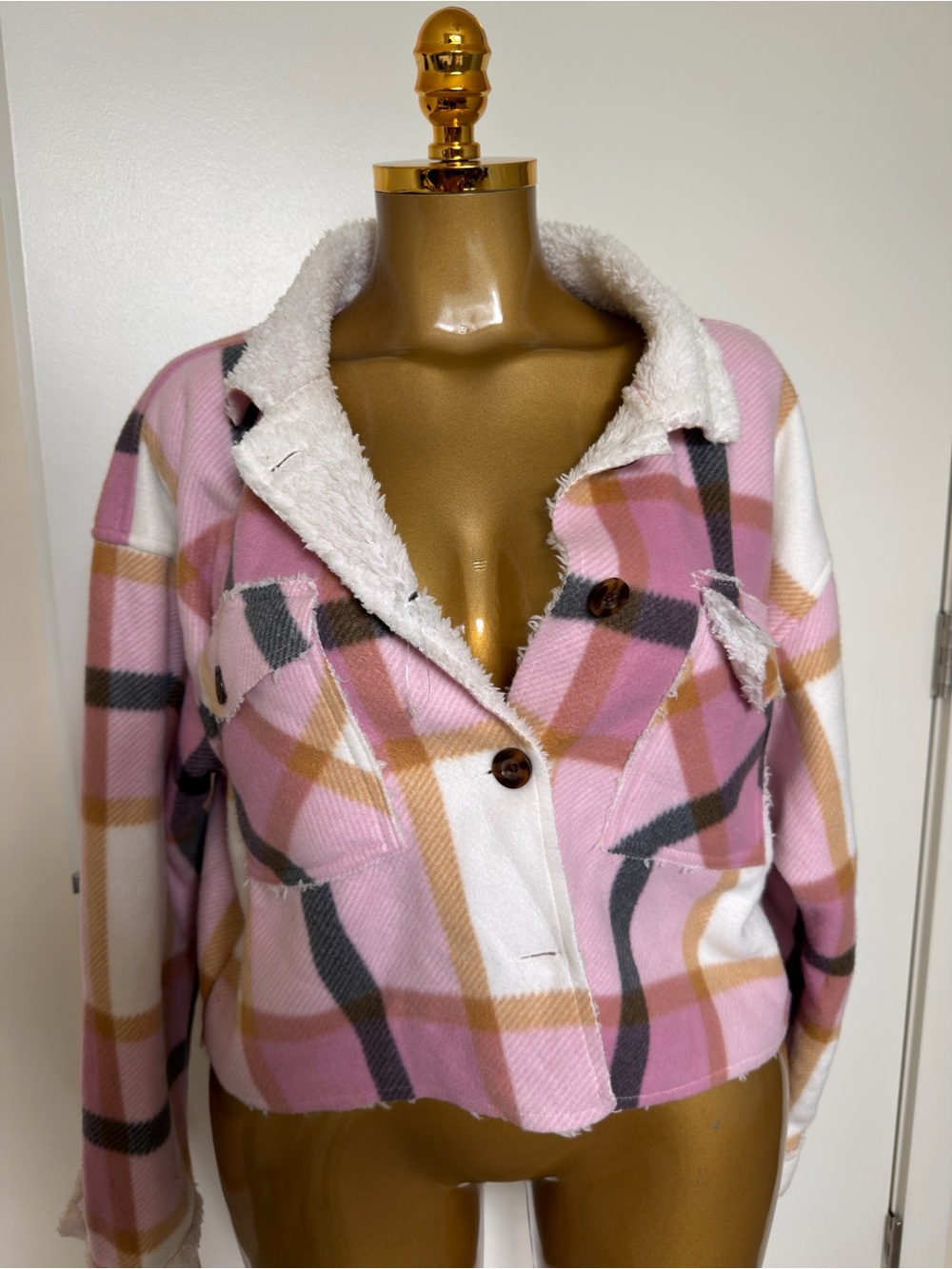 Women's Pink Plaid Teddy-Lined Shacket